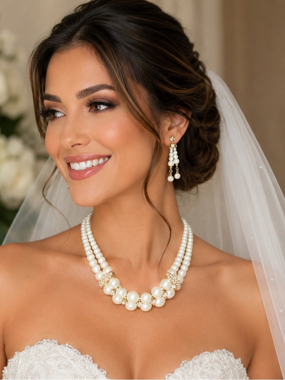 Elegant Pearl Trio Necklace and Earrings Set - Ivory Gold